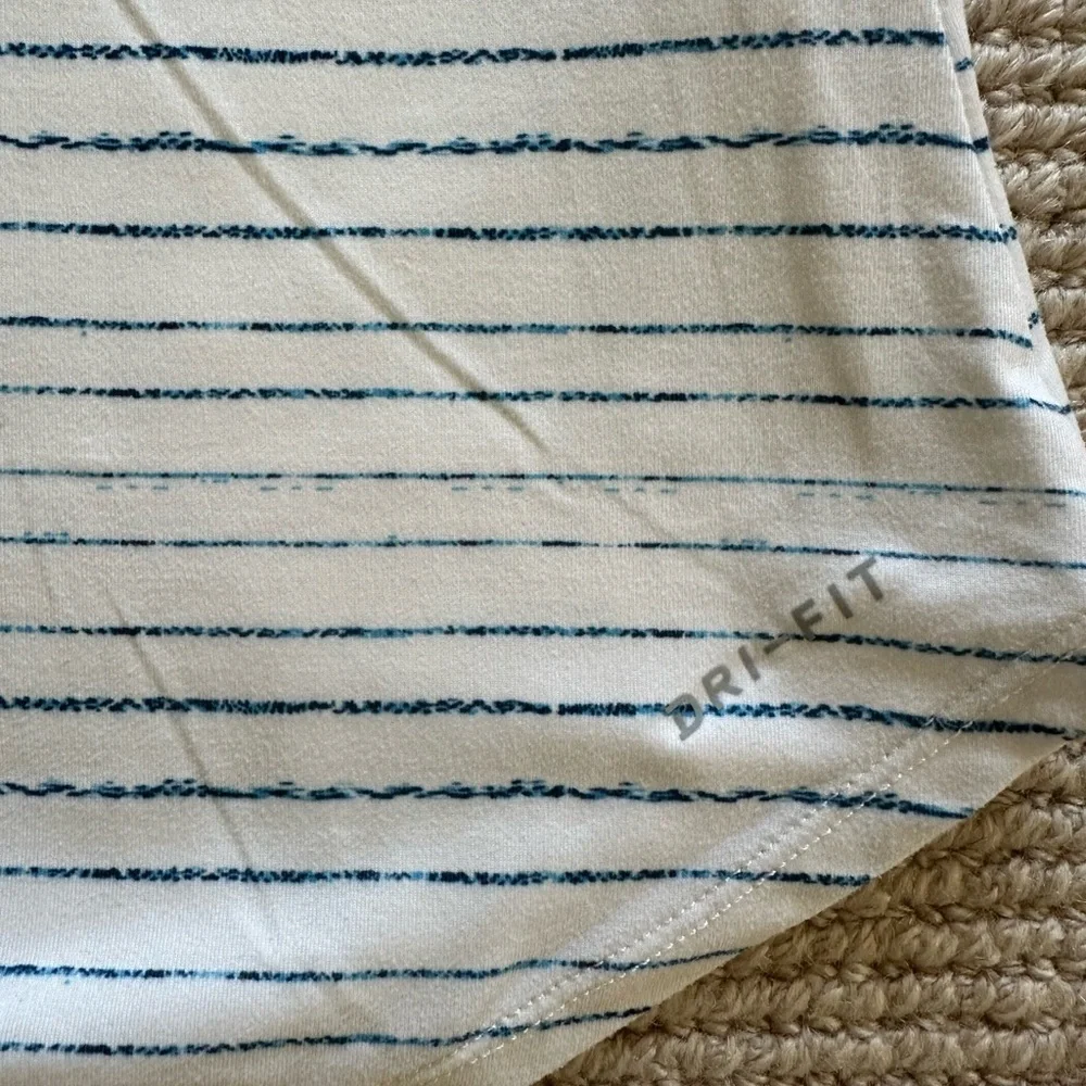 Nike Dri-Fit v-neck racerback athletic tank top white with blue stripes.